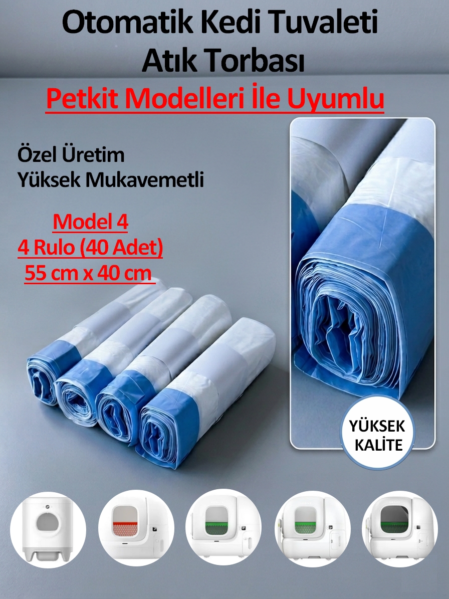 Otomatik Kedi Tuvaleti Poşeti Petkit Uyumlu akıllı kedi tuvaleti poşeti – 4 Rulo (40 ADET) muadil Petkit poşeti